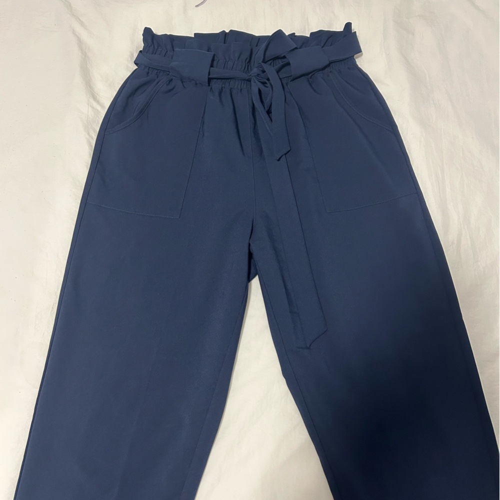 Navy Blue High-Waisted Trousers with Relaxed Fit